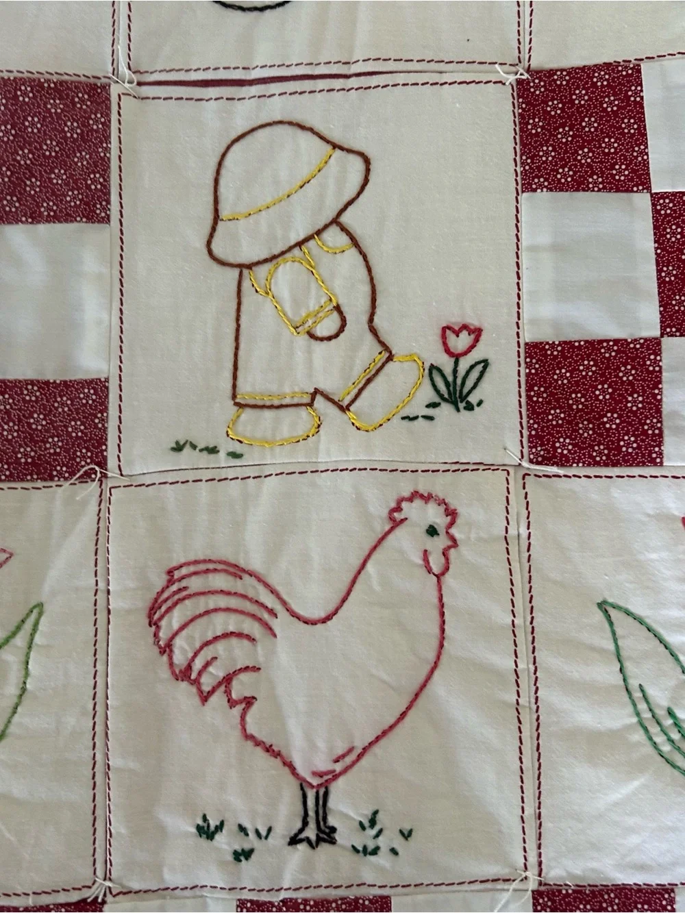 VTG Hand-embroidered Quilt Tapestry Hanging Cottage Sunbonnet Sue Theme 46”x59”